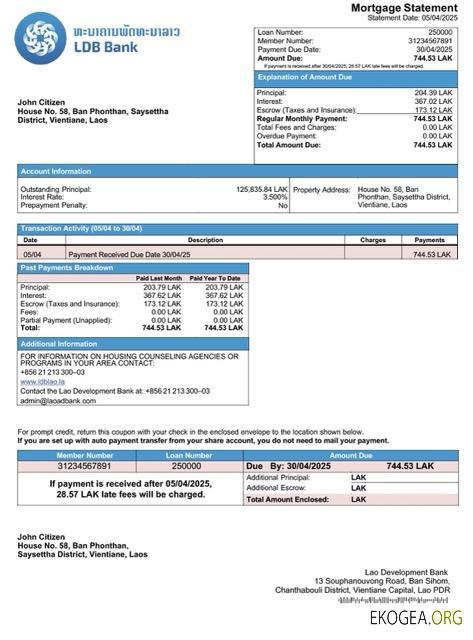 Laos Modèle Word et PDF de relevé hypothécaire de la Banque lao de développement